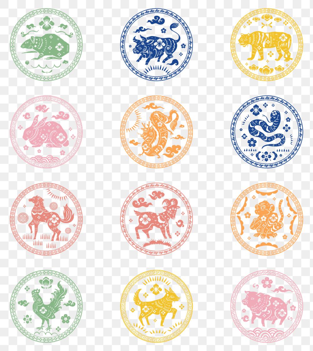 Png Chinese horoscope zodiac animals badges colorful new year set