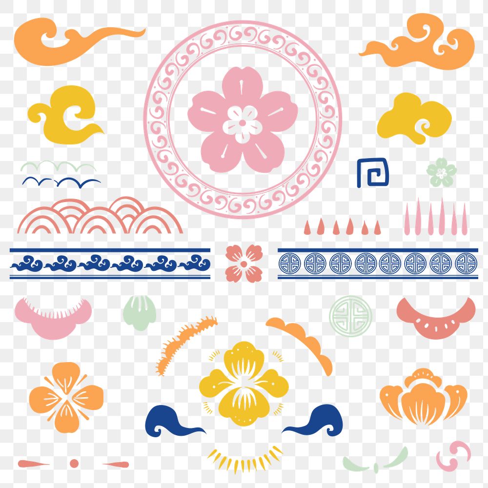 Png colorful Chinese traditional flowers temporary tattoos set
