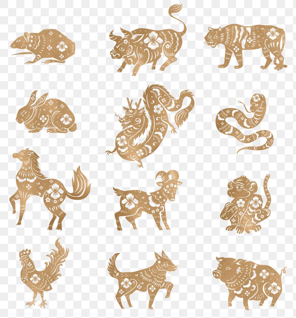 Png Chinese New Year golden animals zodiac sign stickers set
