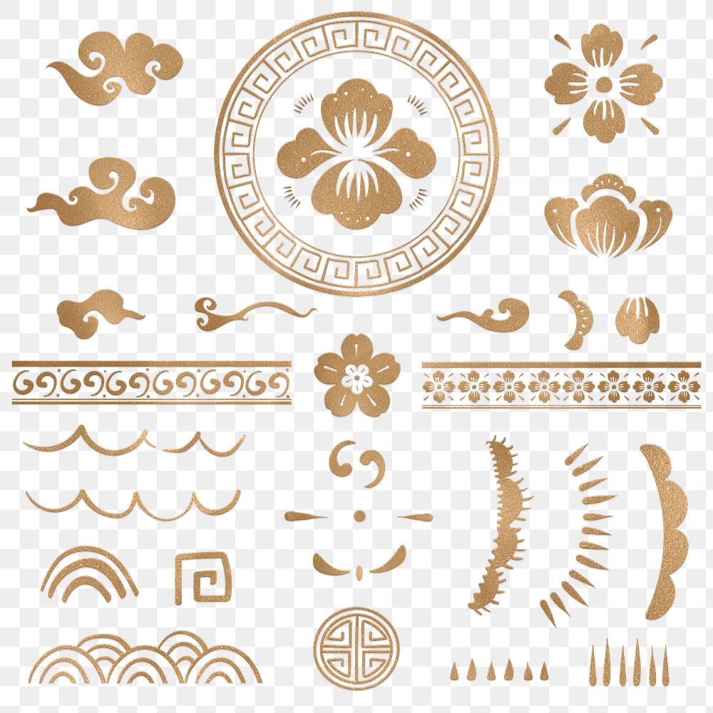 Png gold Chinese traditional flowers temporary tattoos set