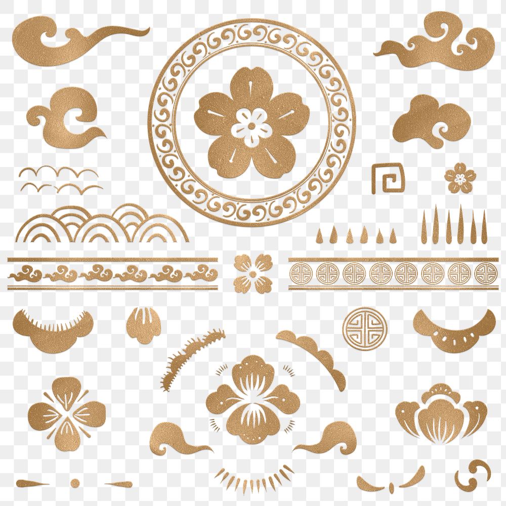 Png Chinese flowers gold design elements collection