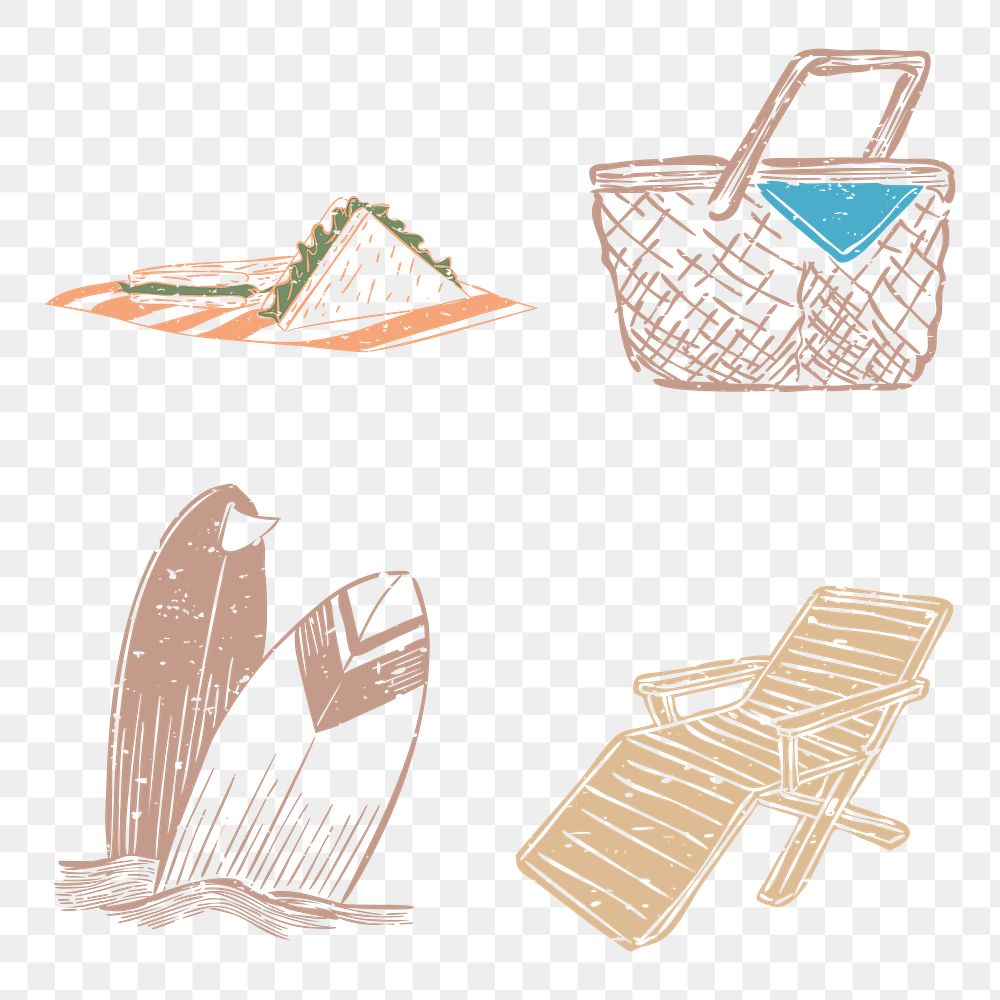 PNG beach picnic printmaking design elements set
