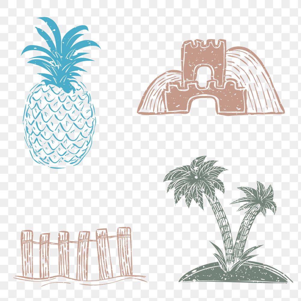 PNG pineapple and sand castle printmaking design elements collection