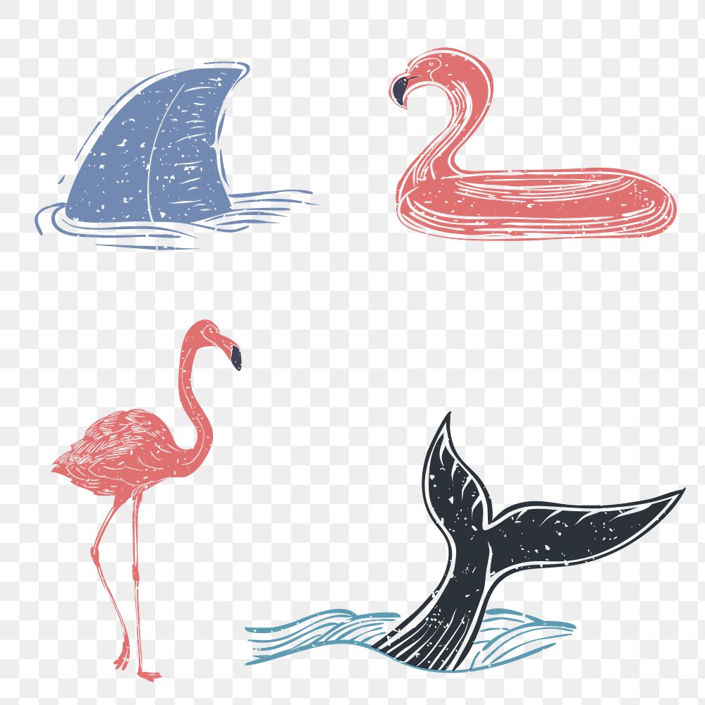 PNG marine life and flamingo cartoon design elements set
