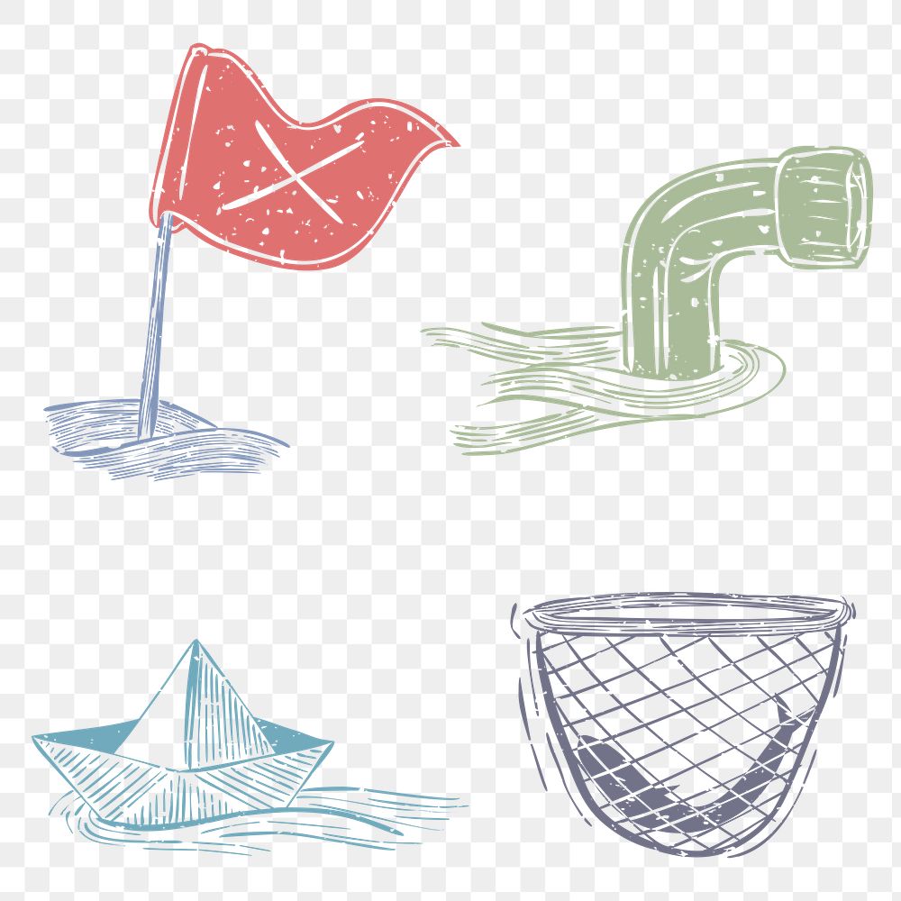 PNG sea icons with fishing net and red flag set
