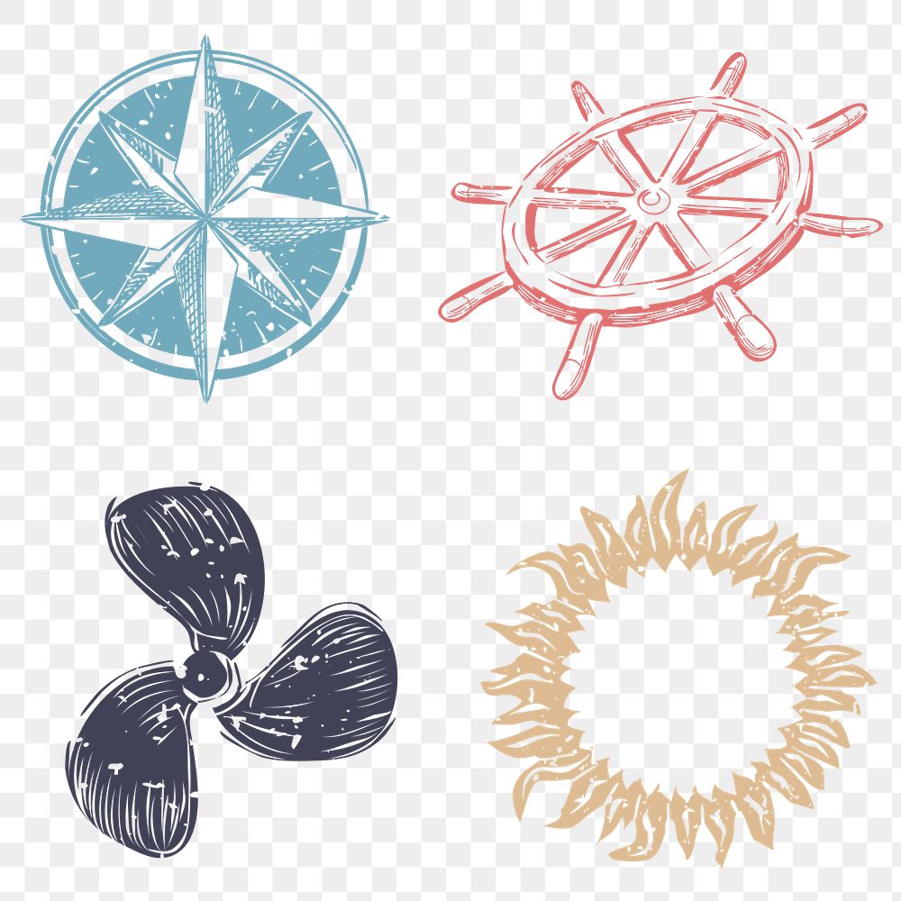 PNG marine navigation printmaking cute design elements set