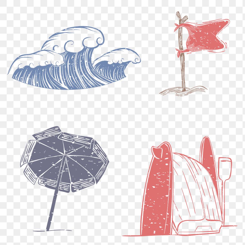 PNG windy beach day printmaking design elements set