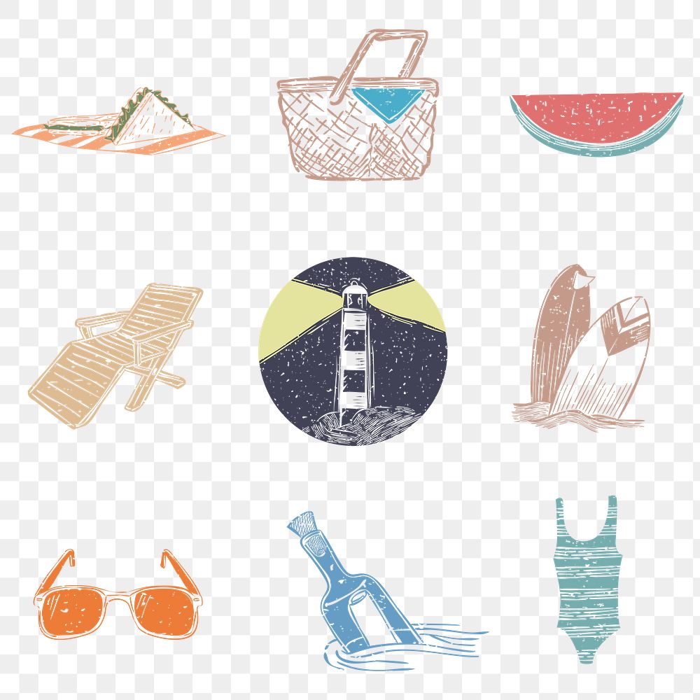 PNG nautical and beach hand drawn icons set