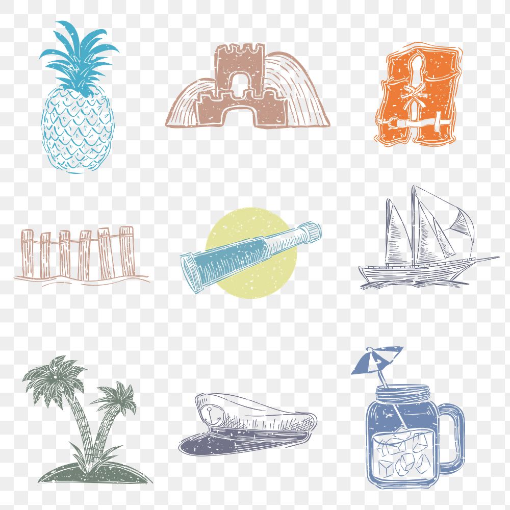 PNG nautical and beach hand drawn icons set