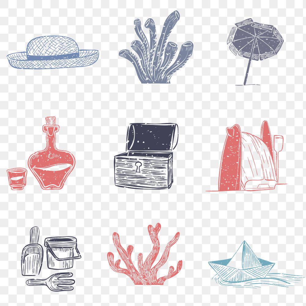 PNG nautical icons with beach vibes set
