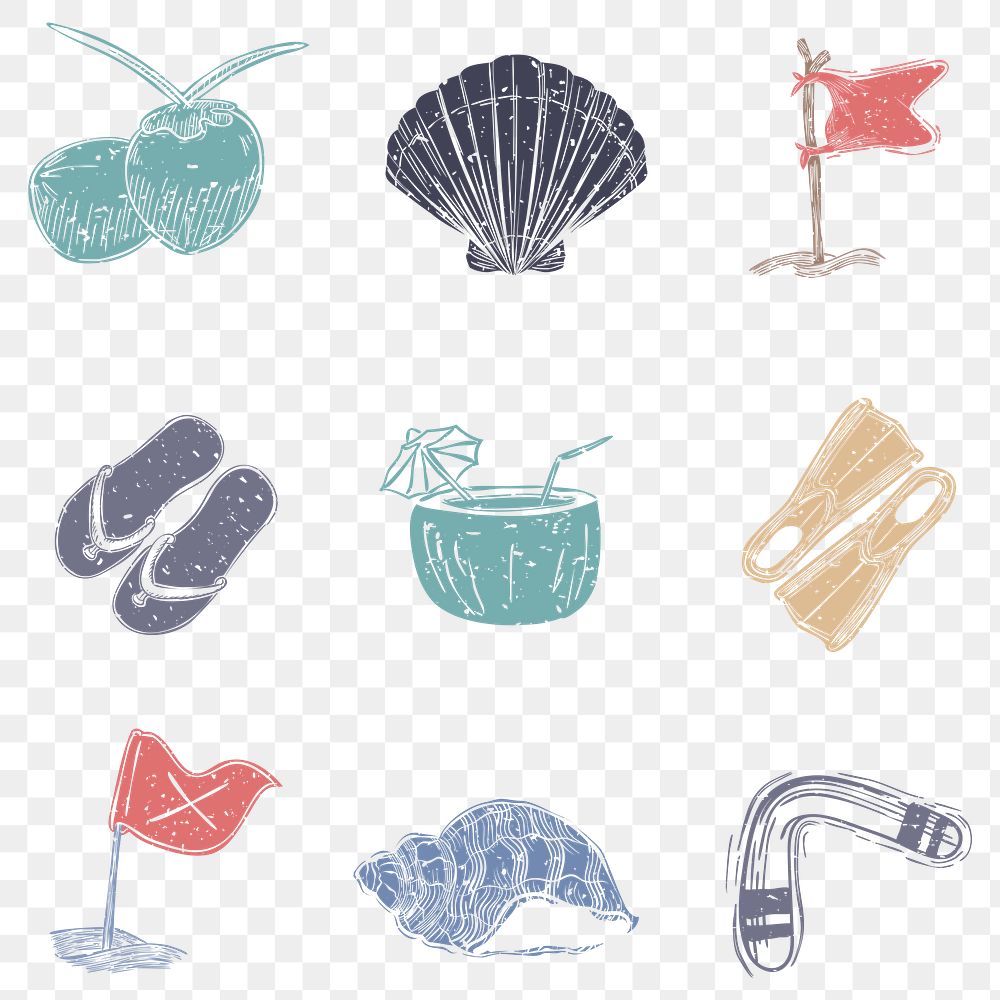 PNG summer beach icons hand drawn set