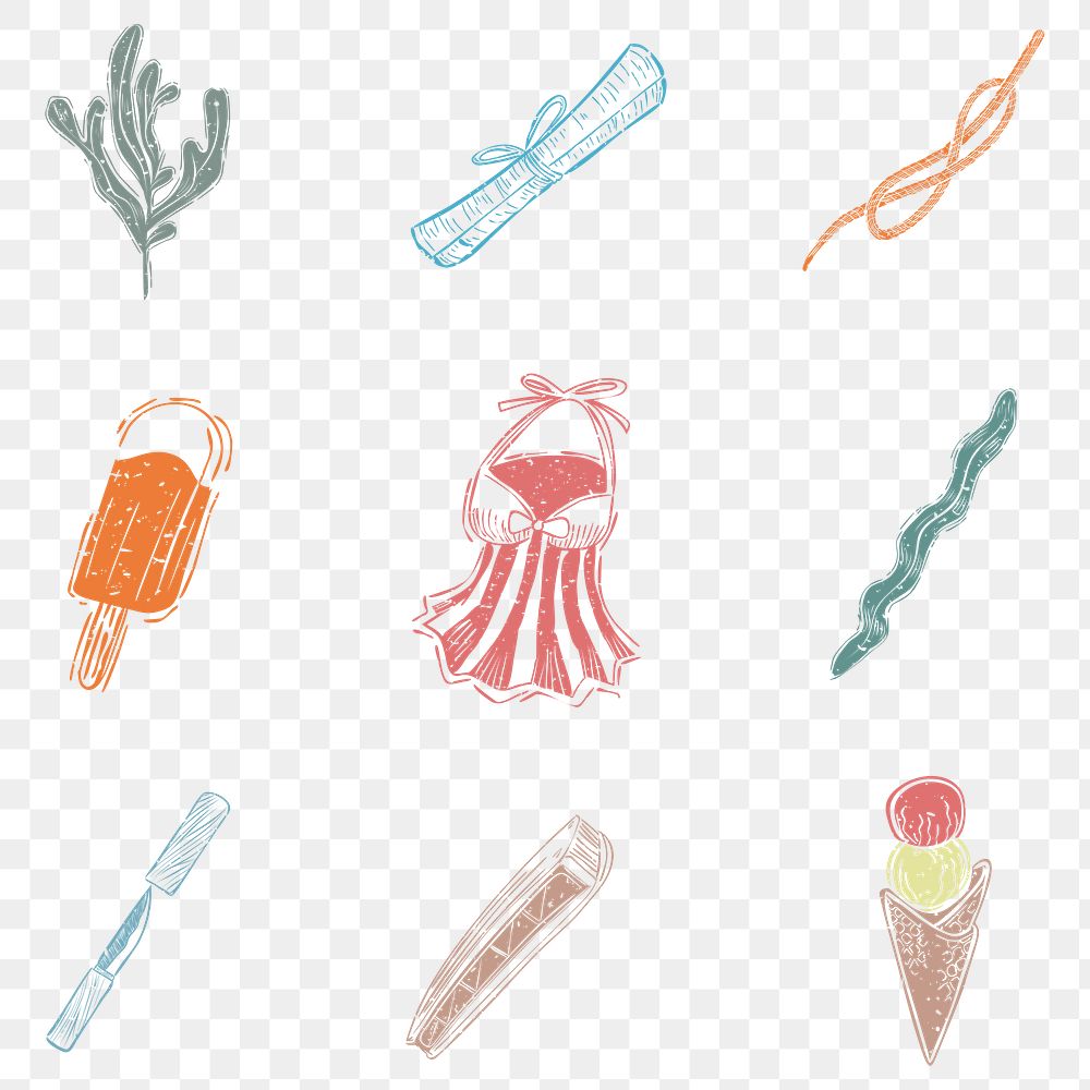 Png summer beach linocut cute design elements set