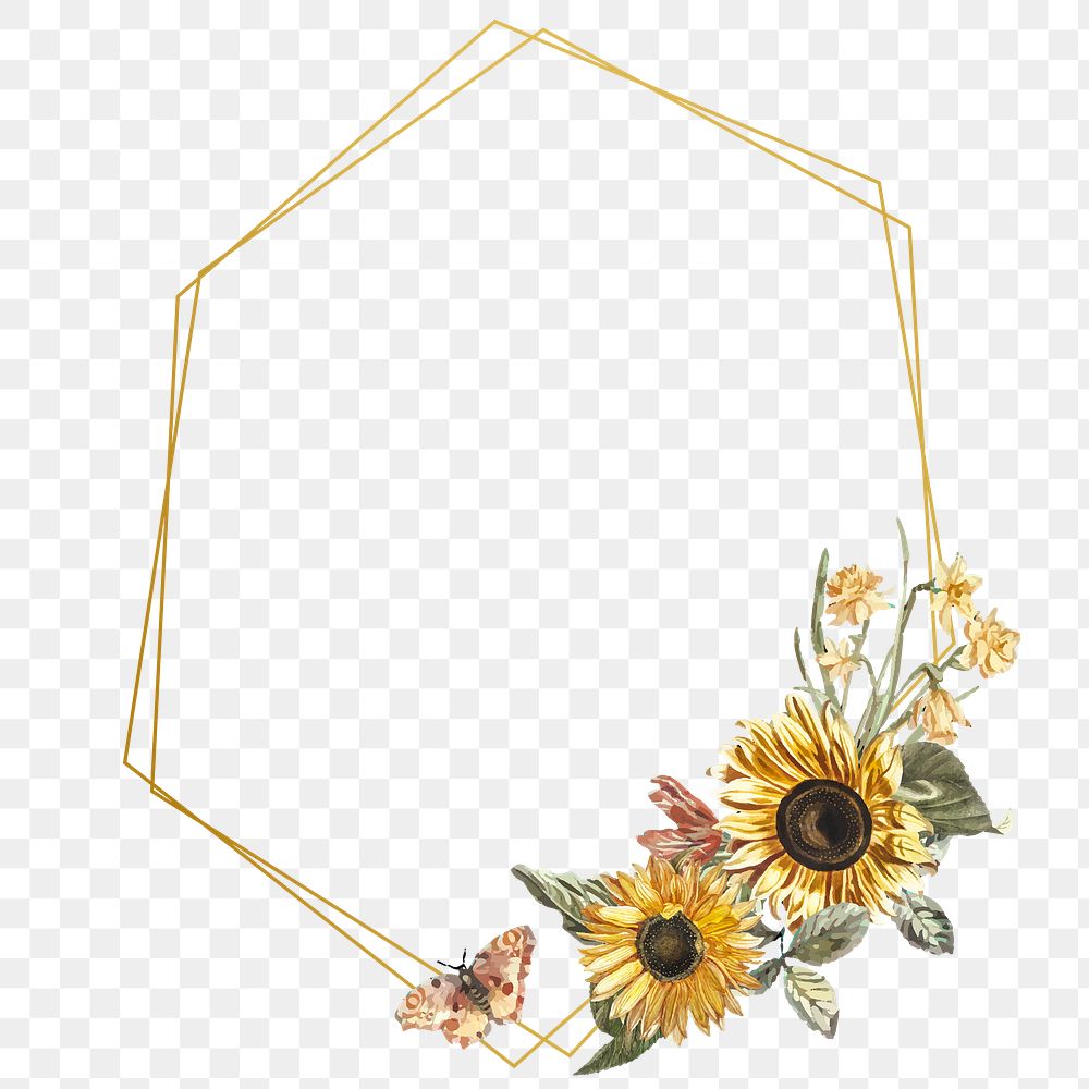 Png frame with watercolor sunflower and butterfly on transparent background