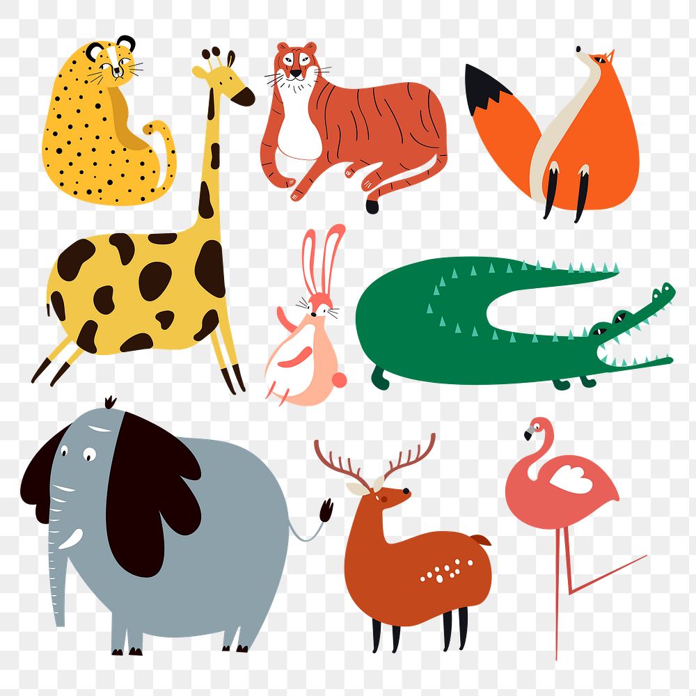 Wild animals png colorful cute stickers doodle cartoon set