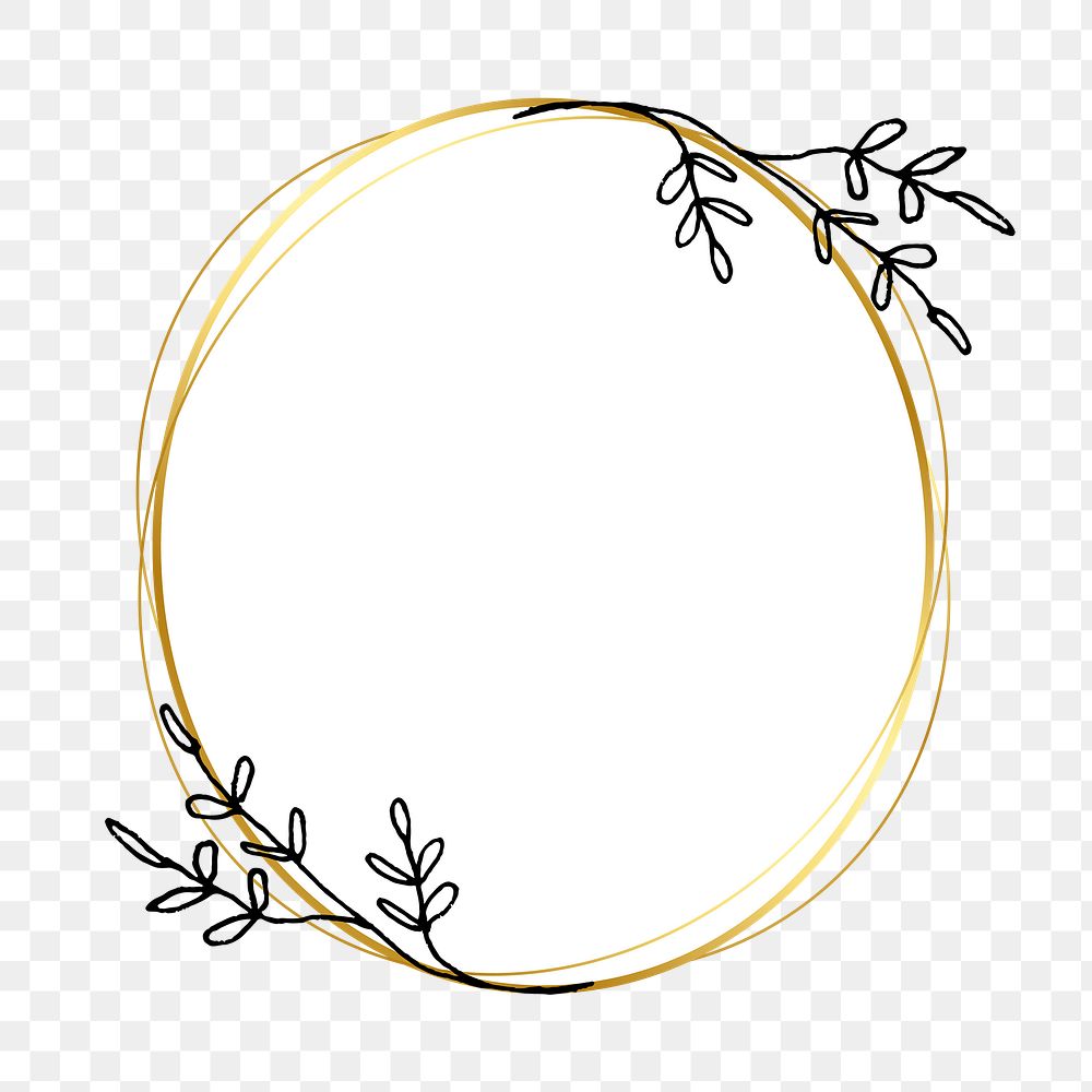 Frame png with gold geometric shape and simple flower drawing on transparent background 