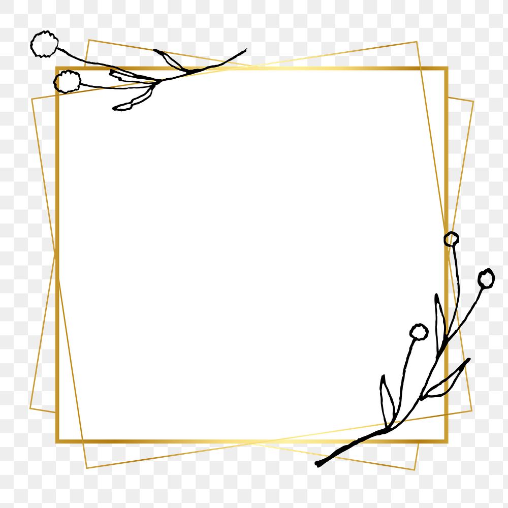 Png frame in gold square with floral doodle in minimal aesthetic on transparent background