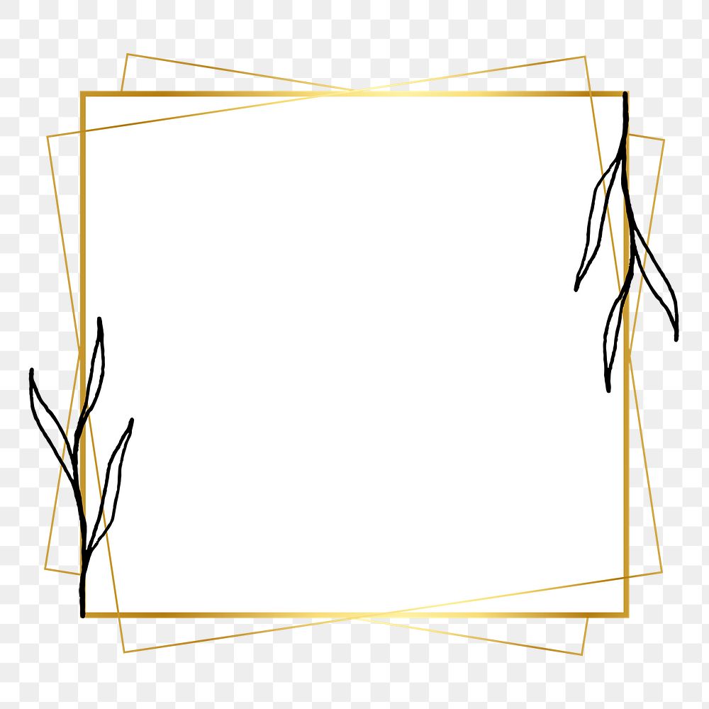 Frame png with gold geometric shape and simple flower drawing on transparent background 