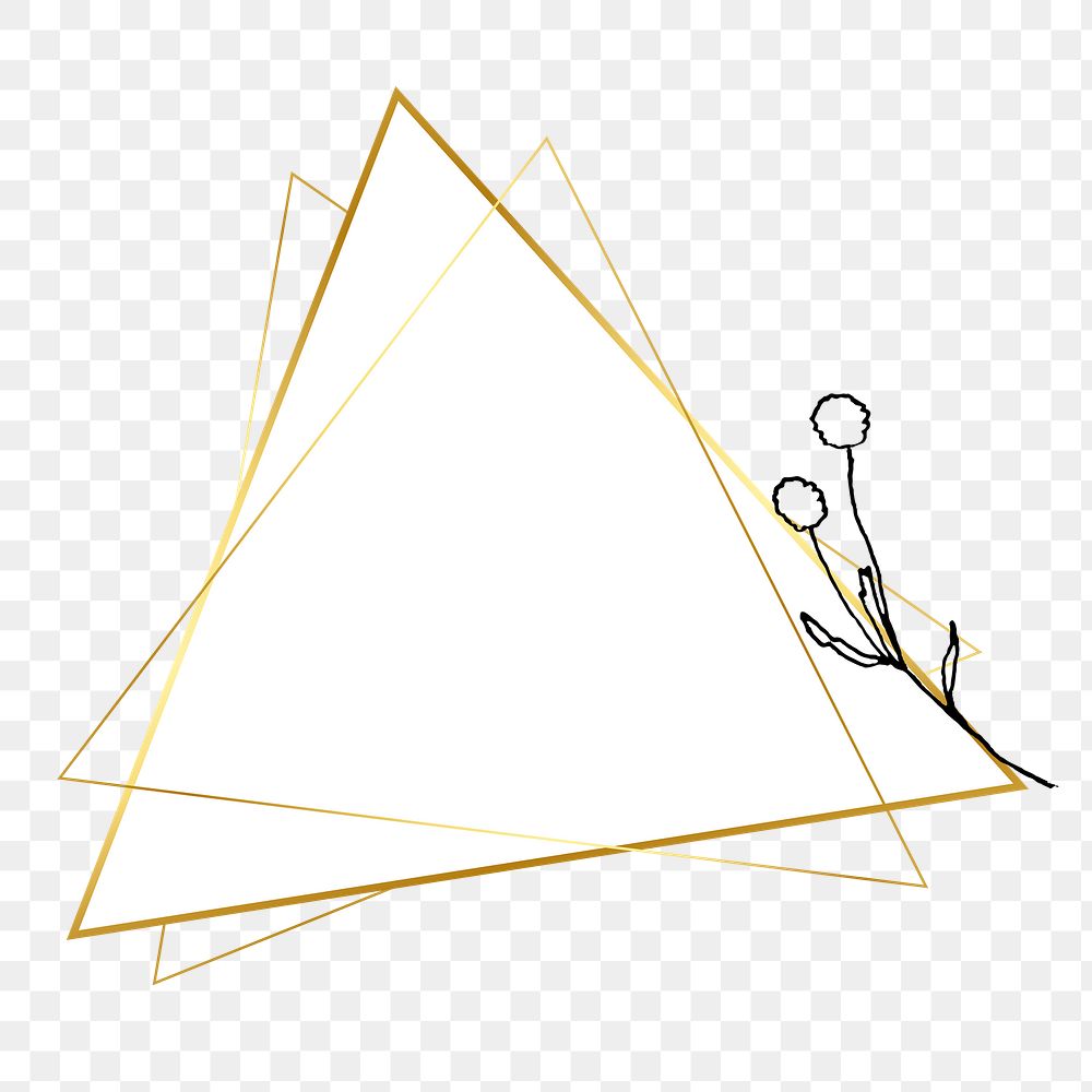 Png frame in gold triangle with floral doodle in minimal aesthetic on transparent background