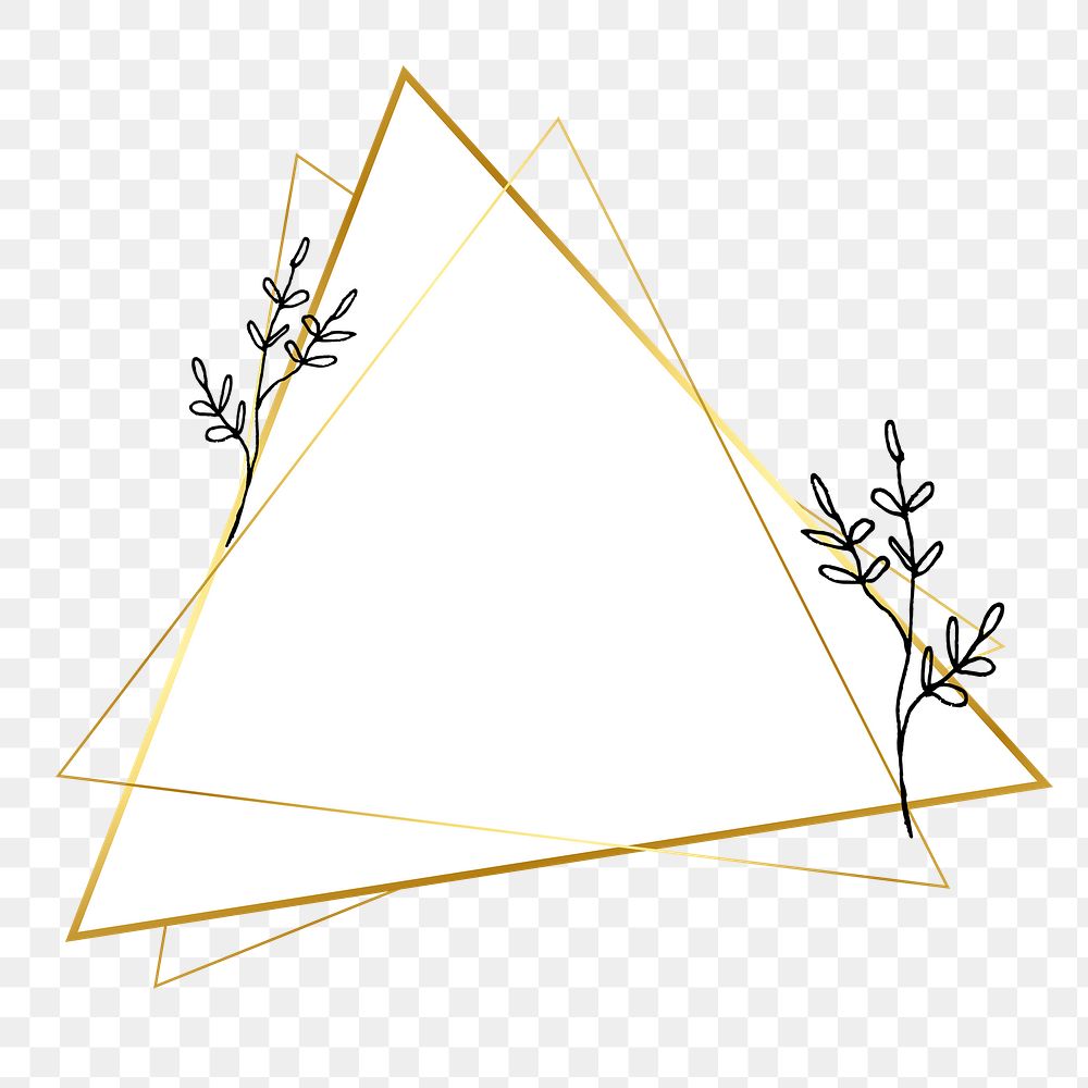 Png frame in gold triangle with floral doodle in minimal aesthetic on transparent background 