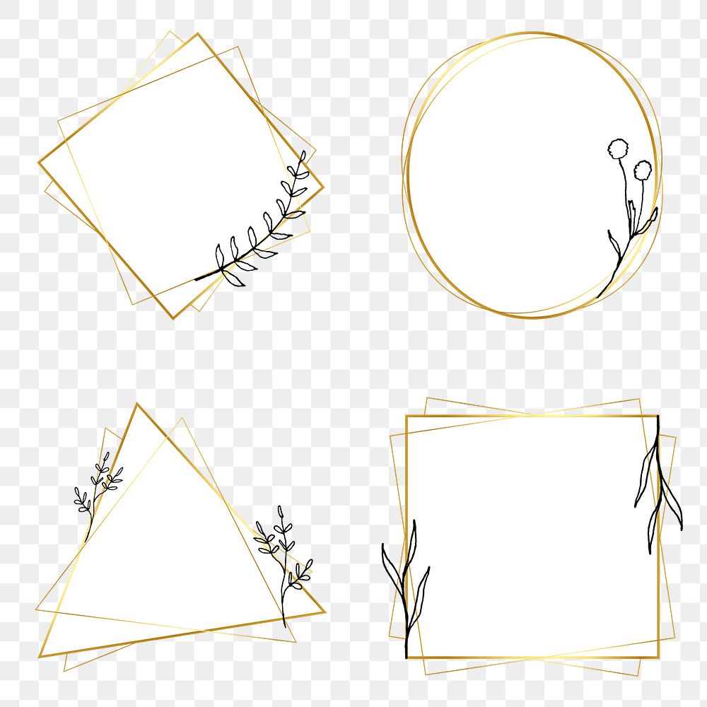 Png frame geometric set in minimal and gold with flower doodle on transparent background