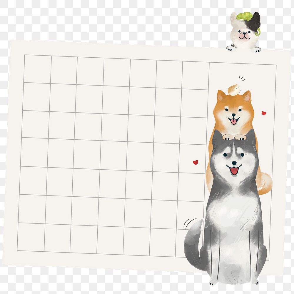 Paper note png with cute hand-drawn dogs on transparent background