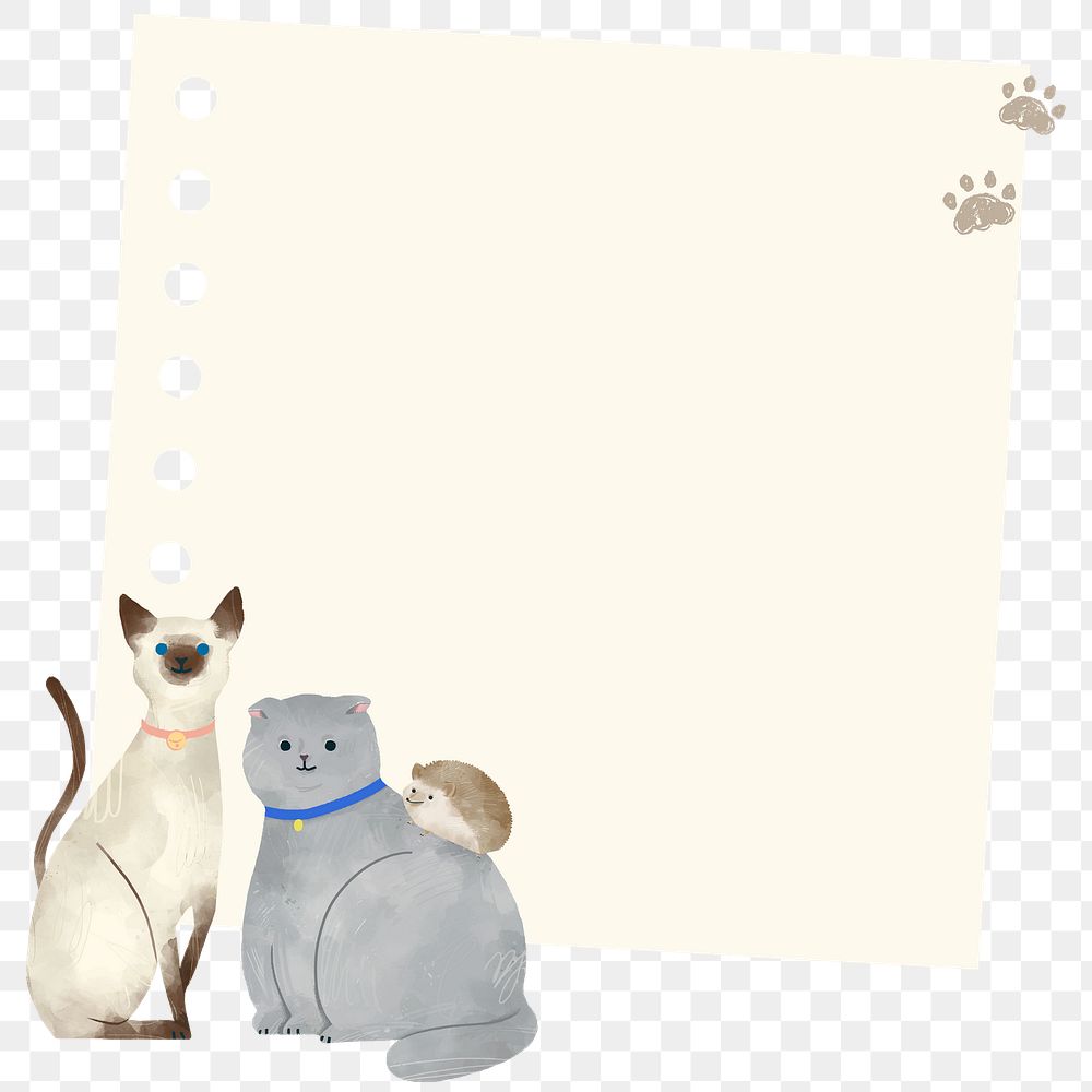 Paper note png with cute hand-drawn pets on transparent background