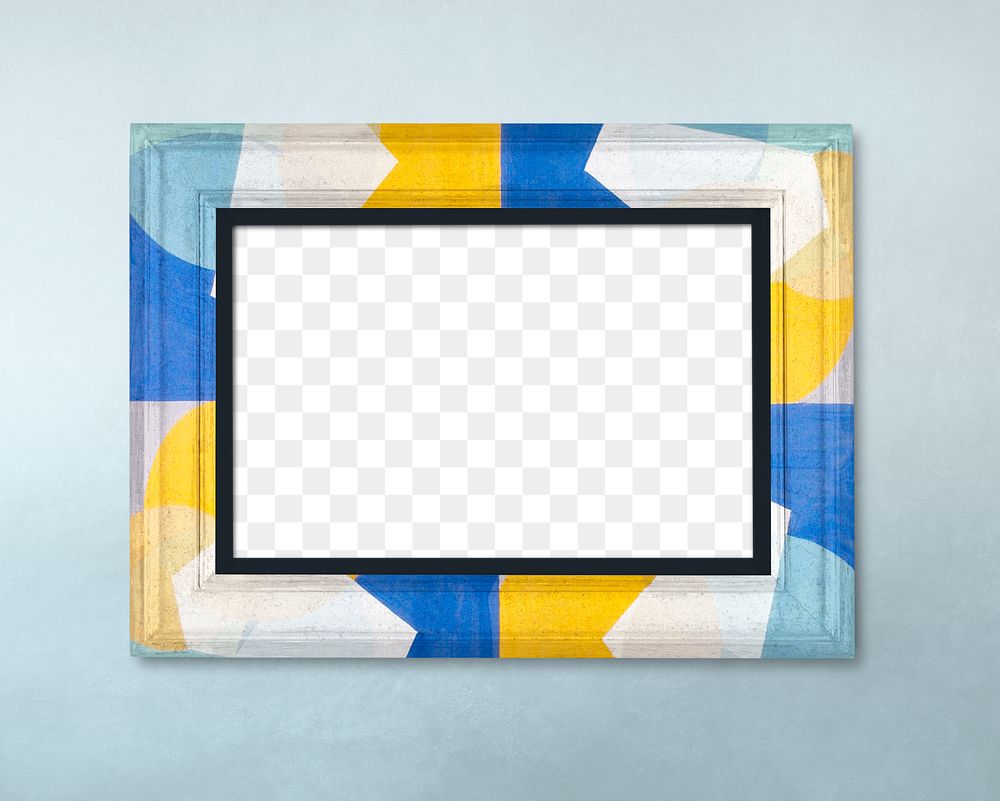 Frame PNG mockup, colorful pattern on blue wall
