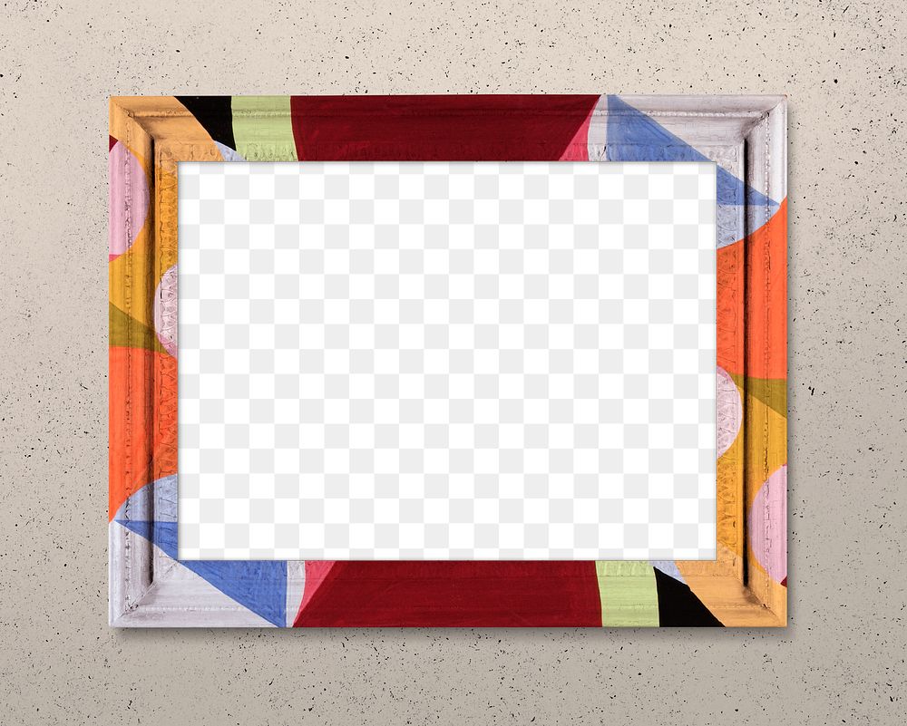 Frame PNG mockup, colorful pattern on beige wall