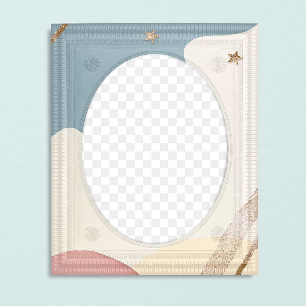 Frame PNG mockup, pastel Memphis on blue wall
