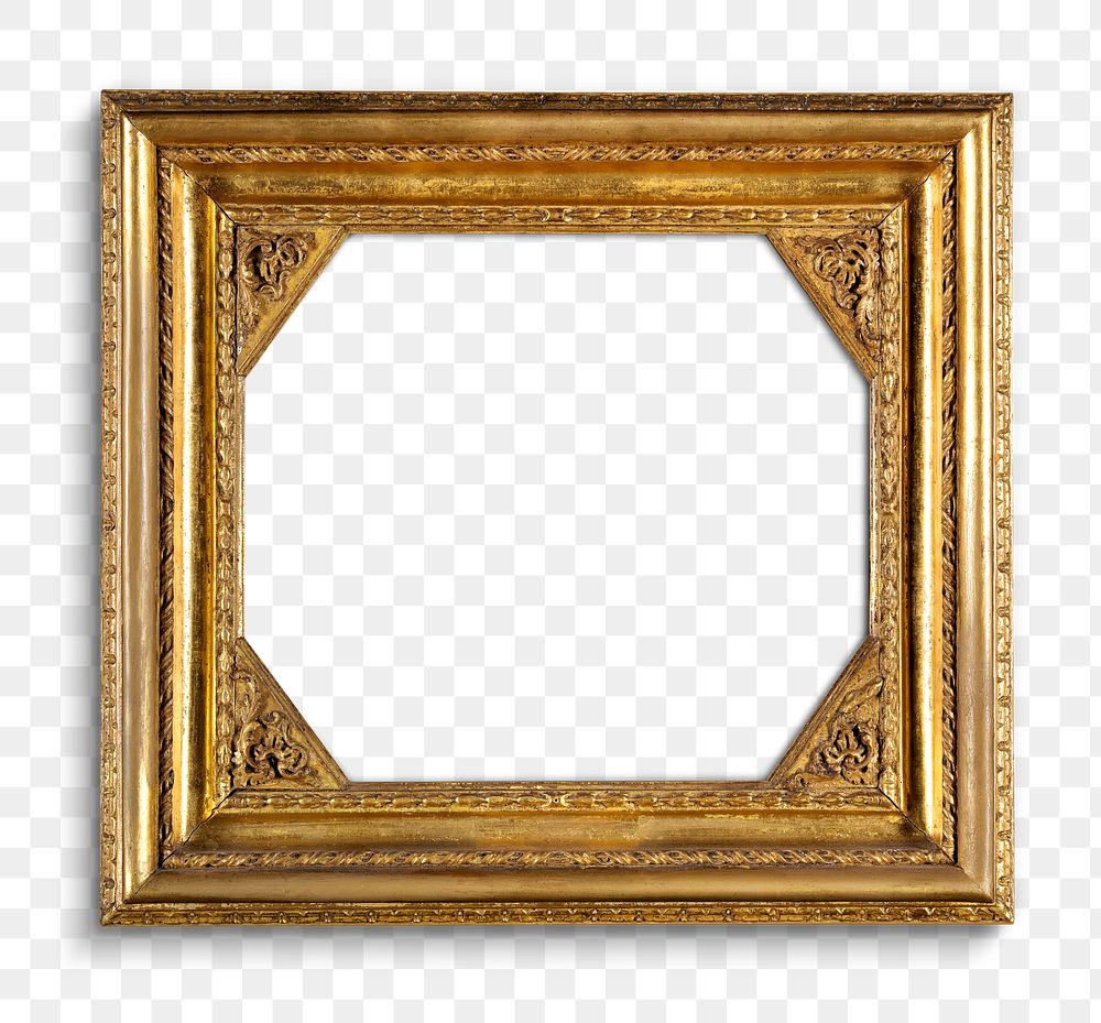 Png antique frame mockup in gold, transparent background