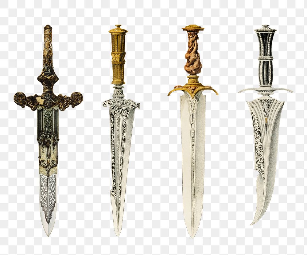 Ancient dagger png sticker, melee weapon illustration set, remix from the artwork of Sir Matthew Digby Wyatt