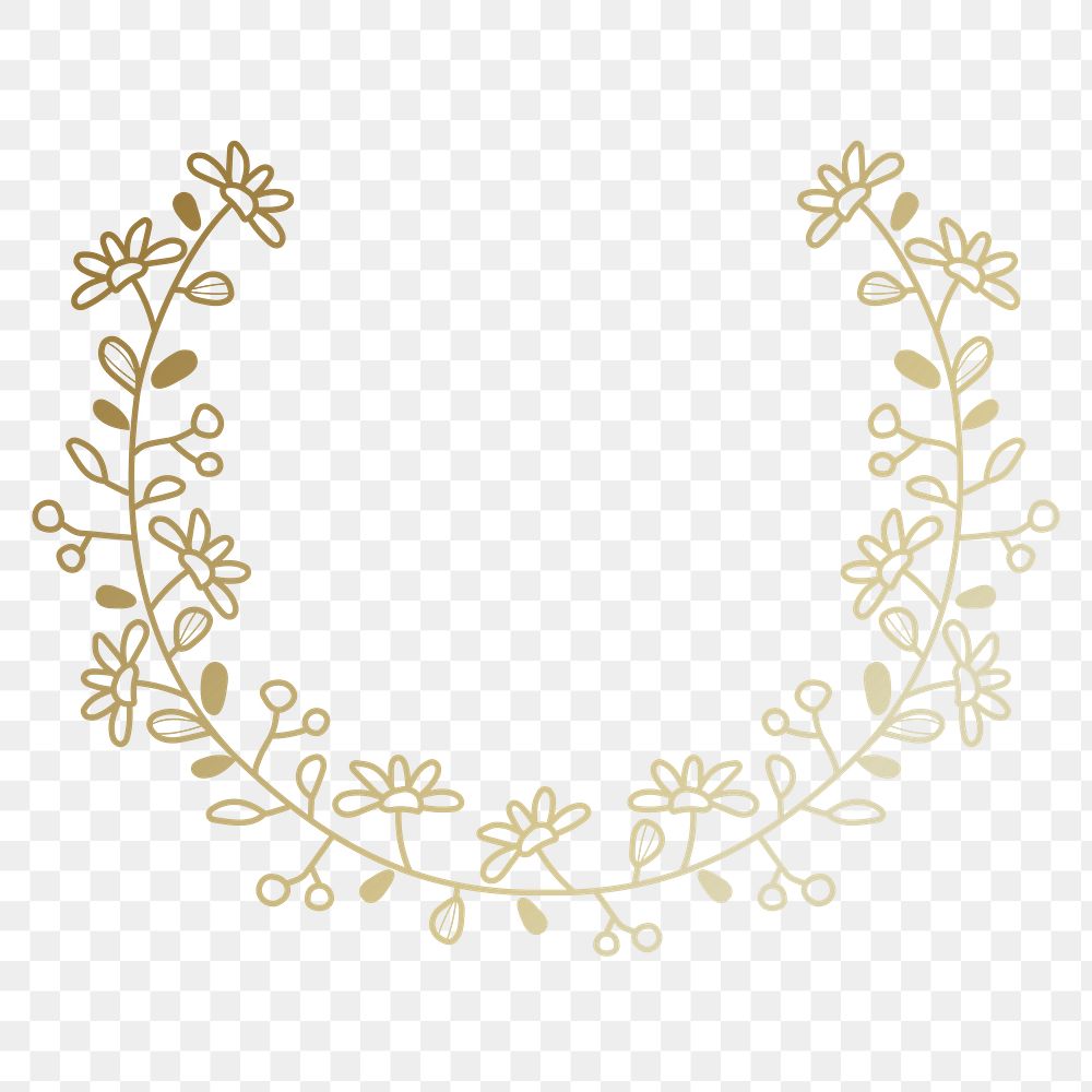 Botanical logo element png clipart, gold floral design in transparent background