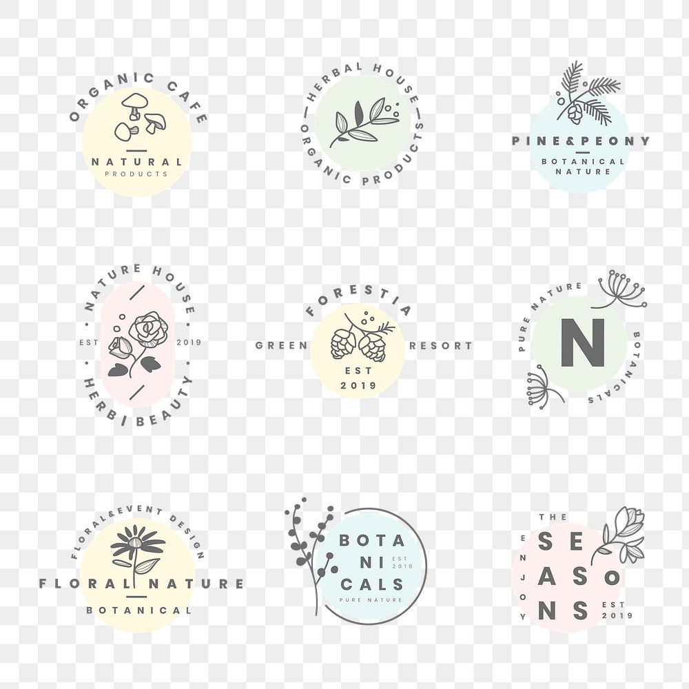 Aesthetic flower logo png badges, botanical illustration collection