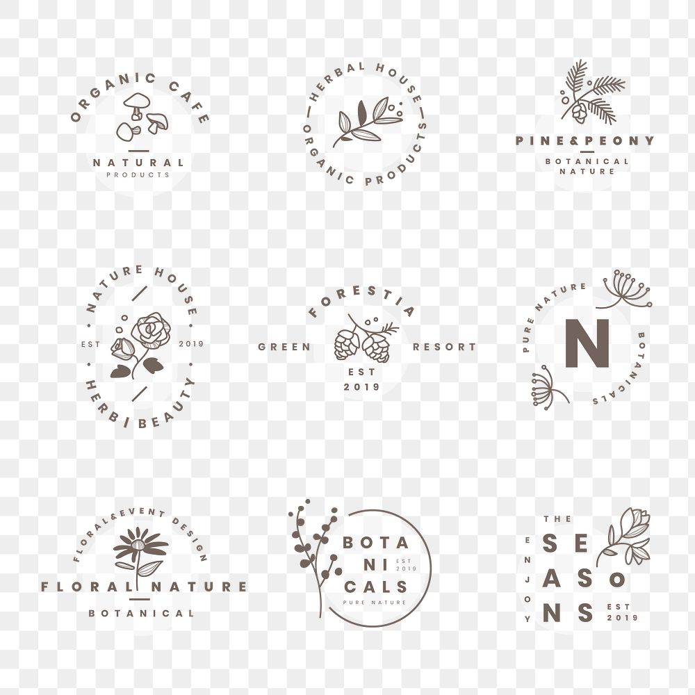 Aesthetic flower logo png badges, botanical illustration set