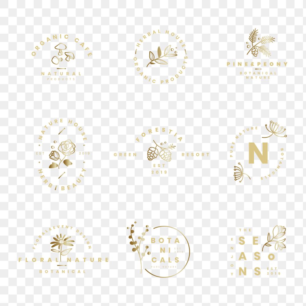 Aesthetic flower gold logo png badges, botanical illustration set