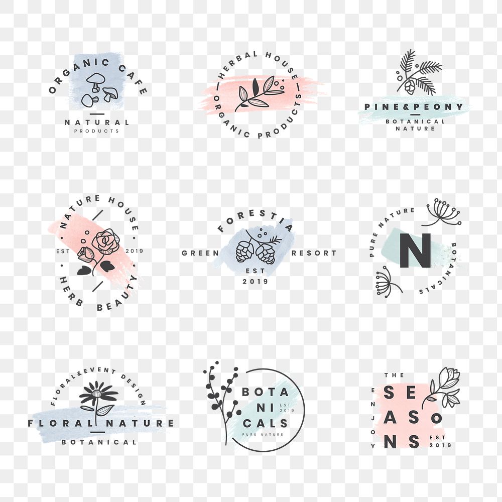 Aesthetic flower logo png badges, botanical illustration set