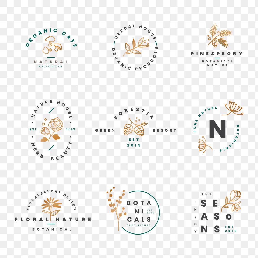 Aesthetic flower logo png badges, botanical illustration collection