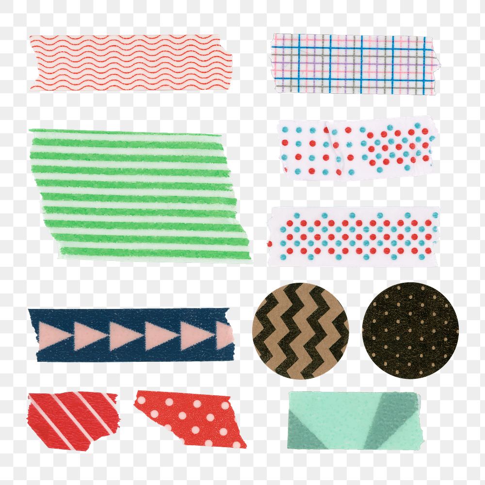 Abstract washi tape png clipart, various pattern set on transparent background