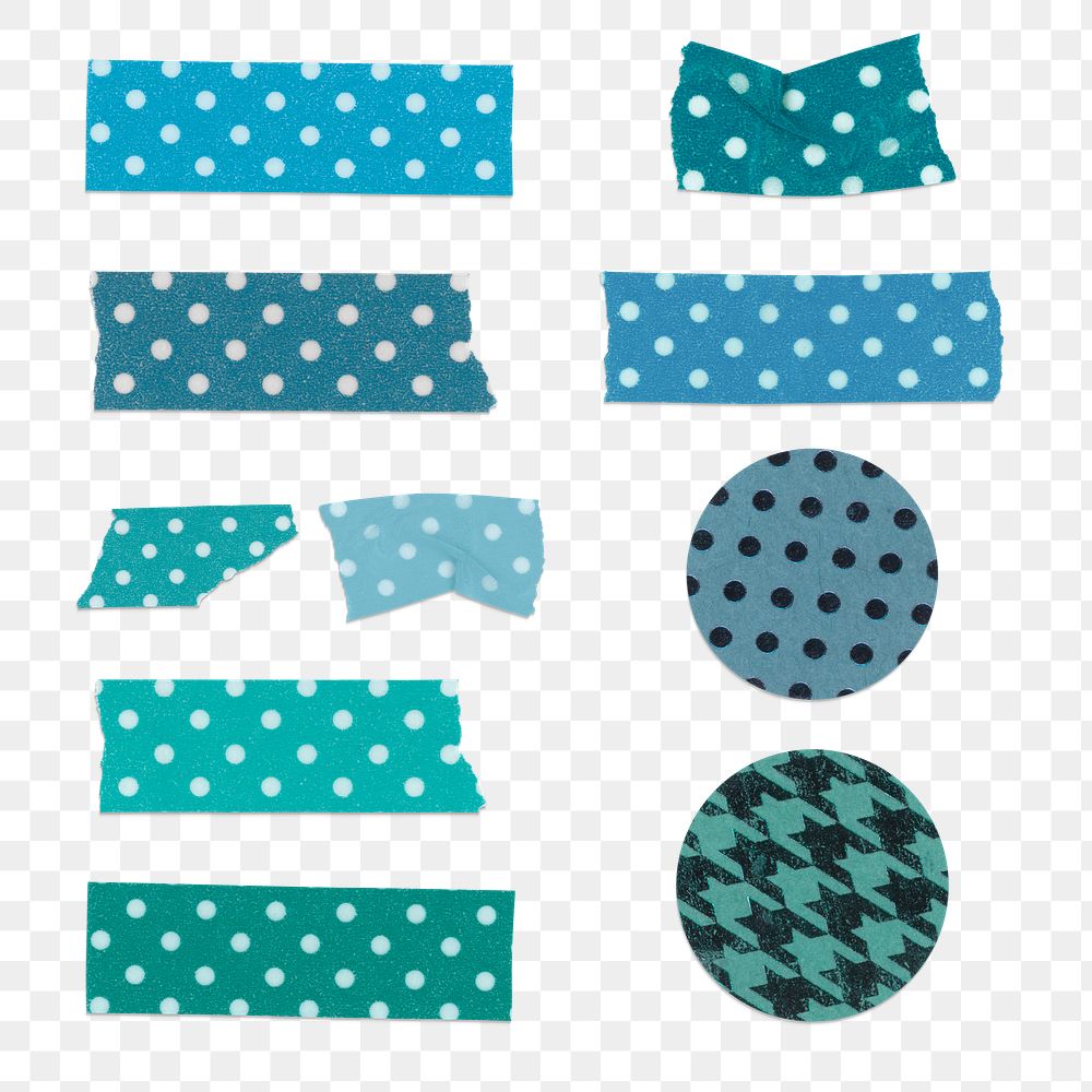 Polka dot washi tape png sticker, blue pattern set on transparent background
