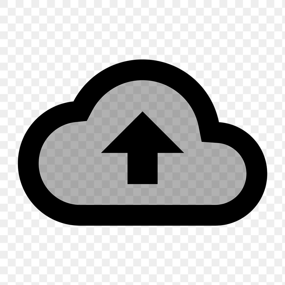 Cloud upload png icon for apps & websites, two tone gray design, transparent background