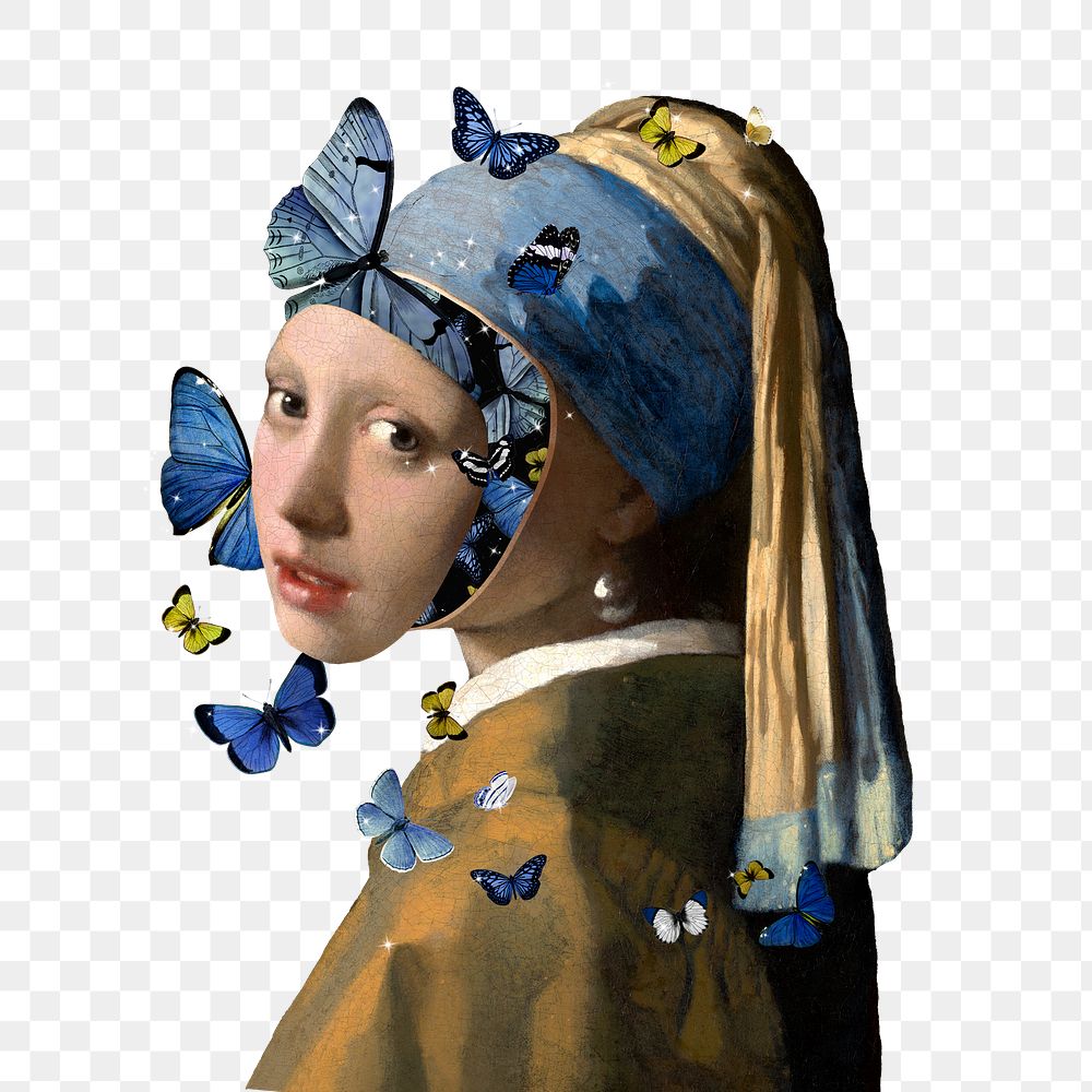 Png Girl with a Pearl Earring & butterfly remixed collage artwork, Johannes Vermeer-inspired aesthetic surreal illustration…