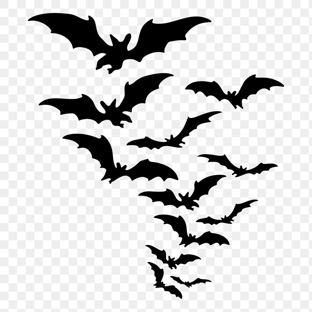 PNG flying bat colony silhouette sticker, animal illustration, transparent background. Free public domain CC0 image.