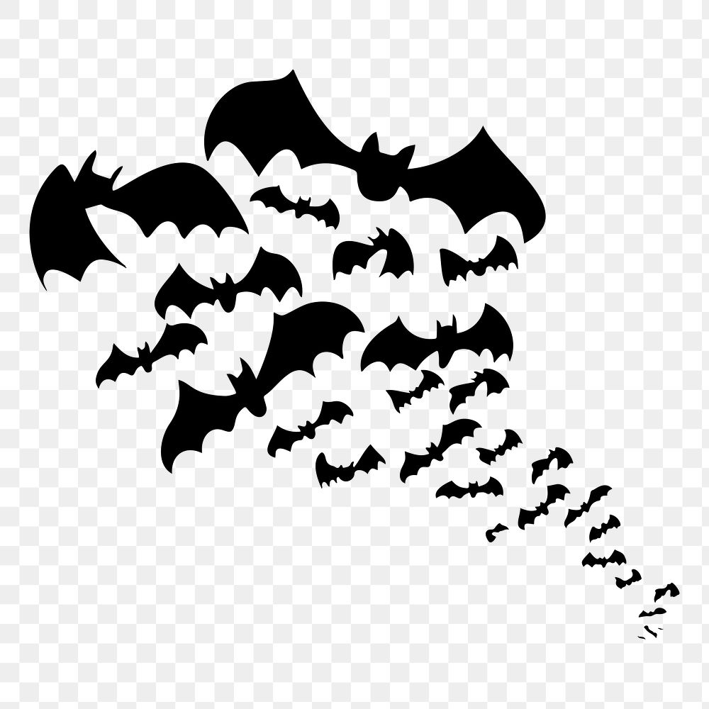 PNG flying bat colony silhouette clipart, animal illustration, transparent background. Free public domain CC0 image.