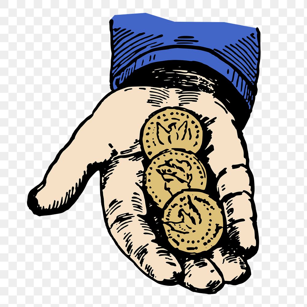 Hand holding png coins sticker, vintage finance illustration, transparent background. Free public domain CC0 image.
