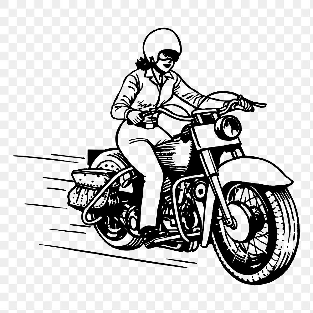 Woman biker png sticker, vintage vehicle illustration, transparent background. Free public domain CC0 image.