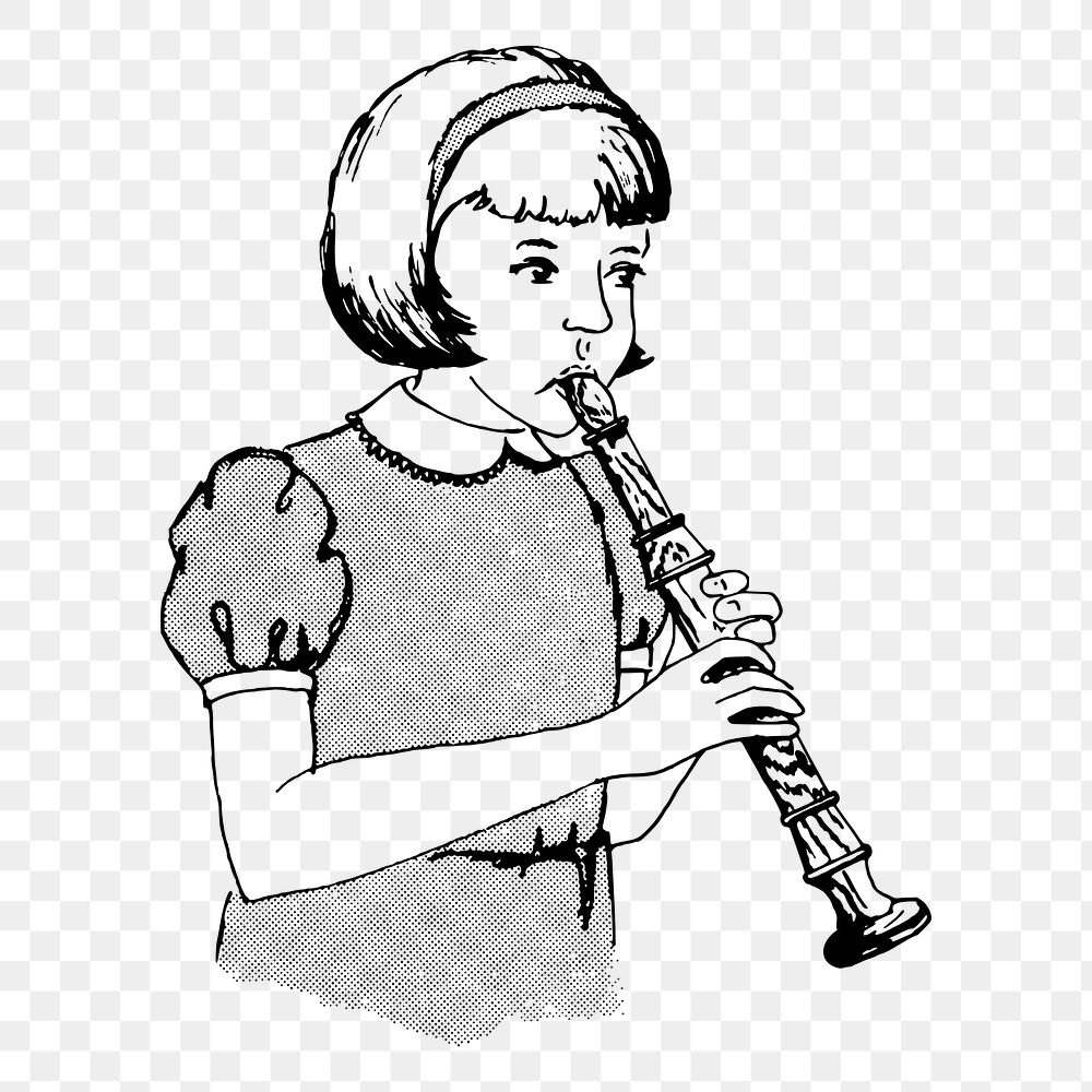 Png girl playing flute sticker, vintage music illustration, transparent background. Free public domain CC0 image.