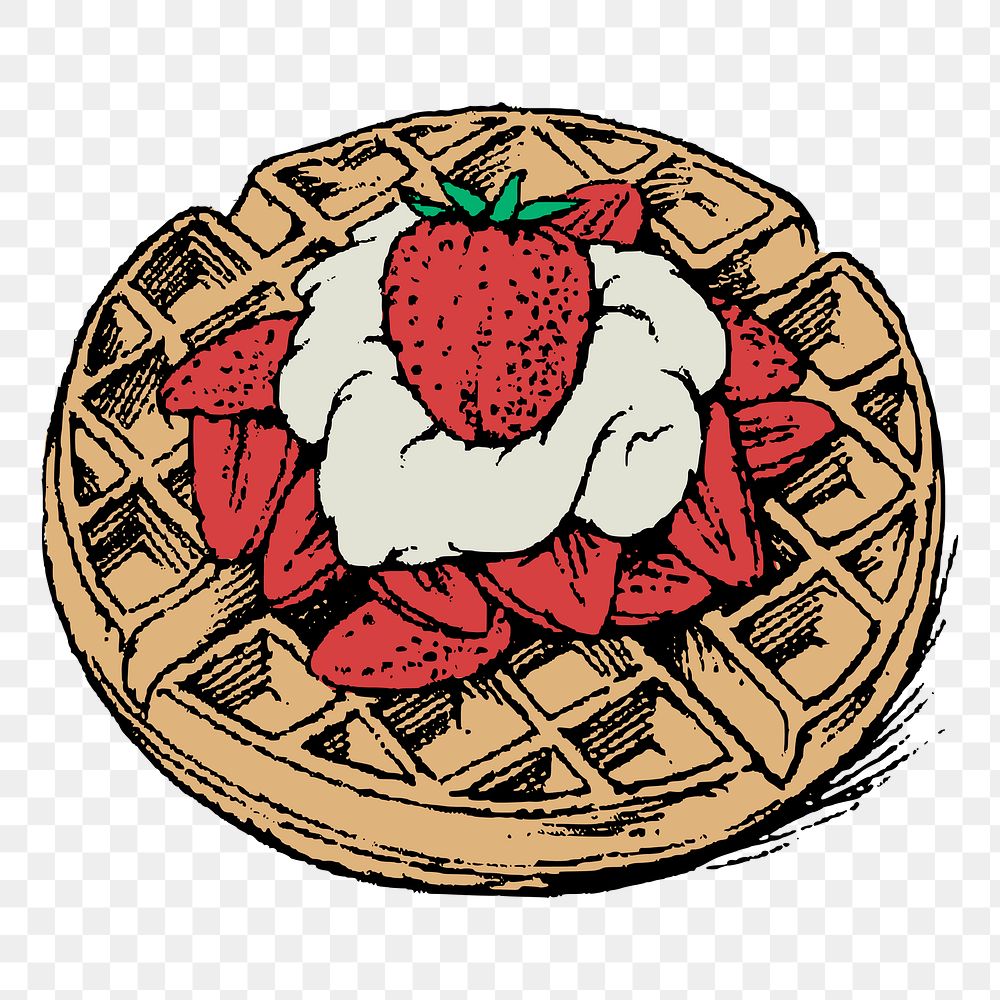 Strawberry waffle png sticker, vintage food illustration, transparent background. Free public domain CC0 image.