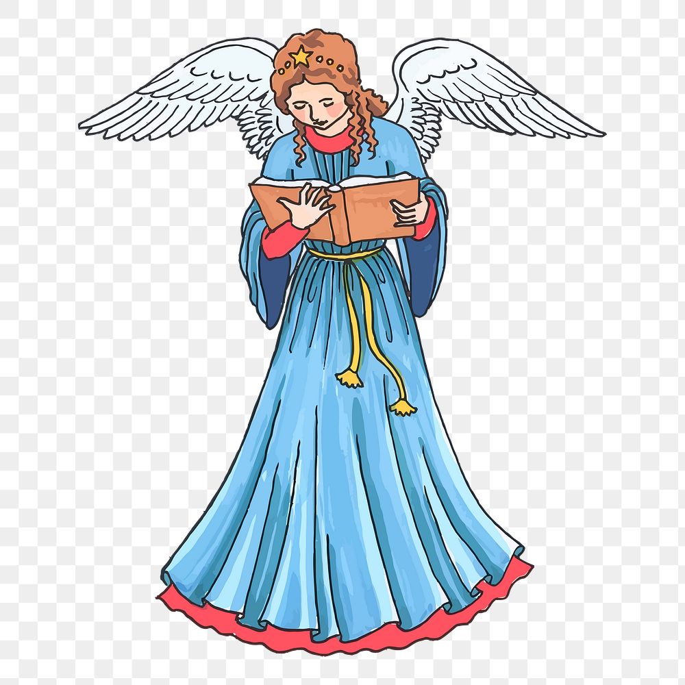 Reading angel png sticker, religious illustration, transparent background. Free public domain CC0 image.