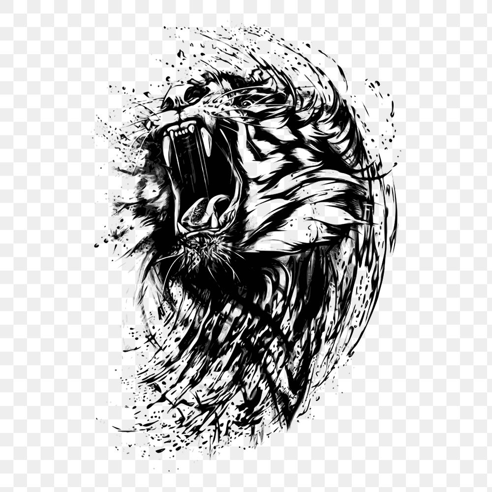 Roaring tiger png sticker, animal illustration, transparent background. Free public domain CC0 image.