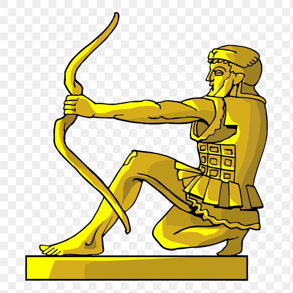 Greek archer statue png sticker, gold illustration, transparent background. Free public domain CC0 image.